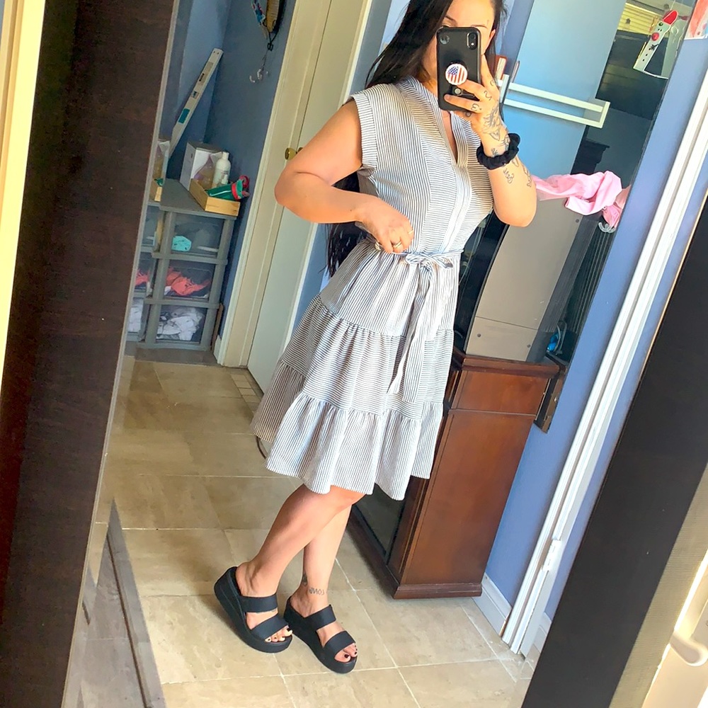 Grey and white stripe midi dress